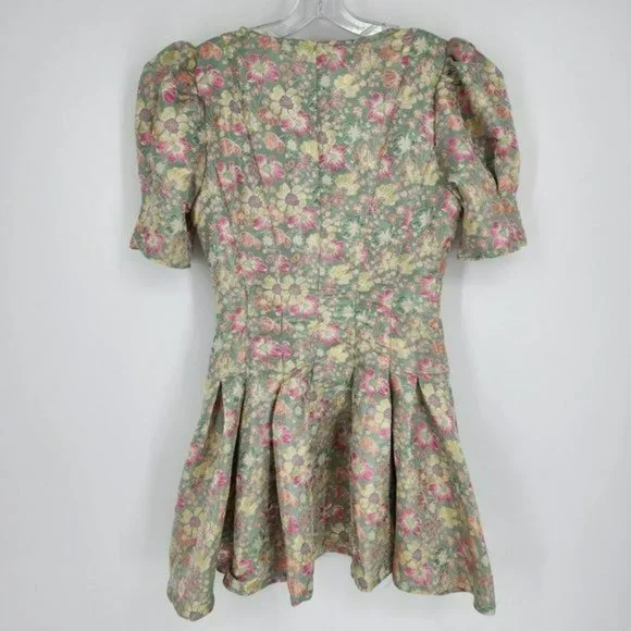Shein Mini Dress S Pink Colorful Metallic Floral Puff Sleeve Button Front Pleat - Picture 11 of 12